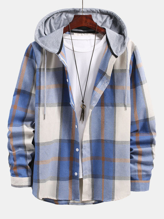 Button Up Contrast Hoodie Plaid Shirt