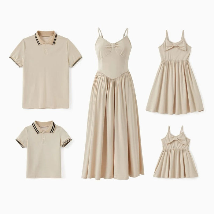 Family Matching Polo T shirt And Bow Strap Dress Sets