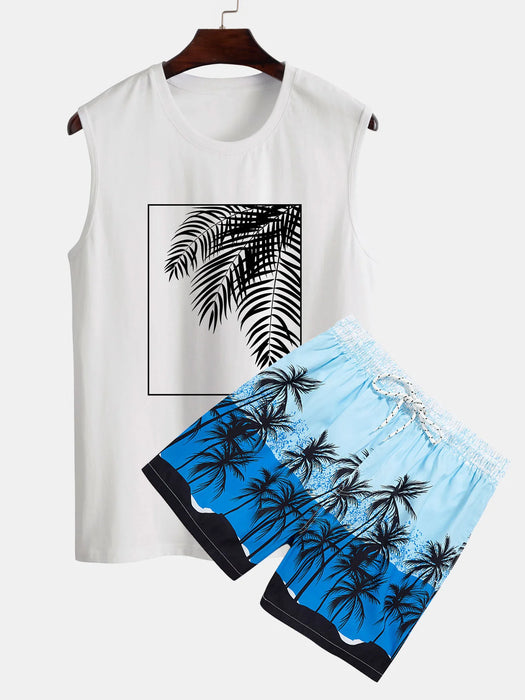 Palm Leaf Print Tank Top And Shorts