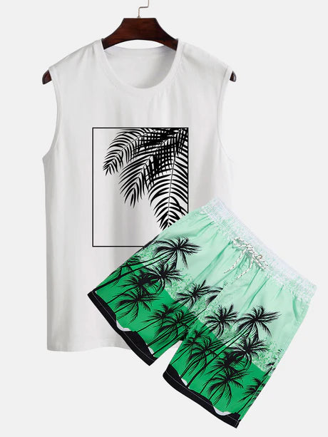 Palm Leaf Print Tank Top And Shorts