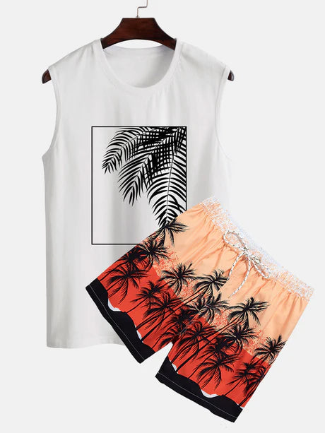 Palm Leaf Print Tank Top And Shorts