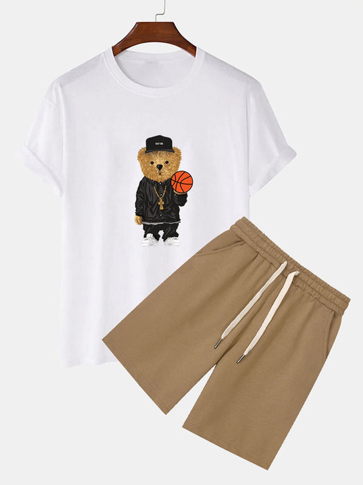 Basketball Bear Print T-Shirt And Sweat Shorts