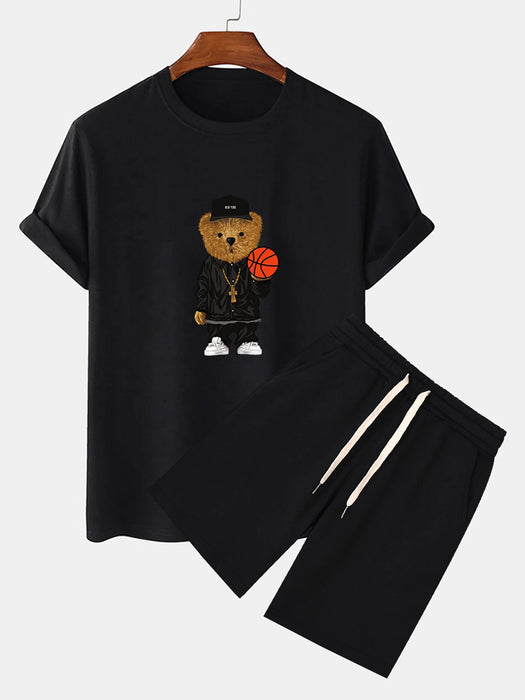 Basketball Bear Print T-Shirt And Sweat Shorts