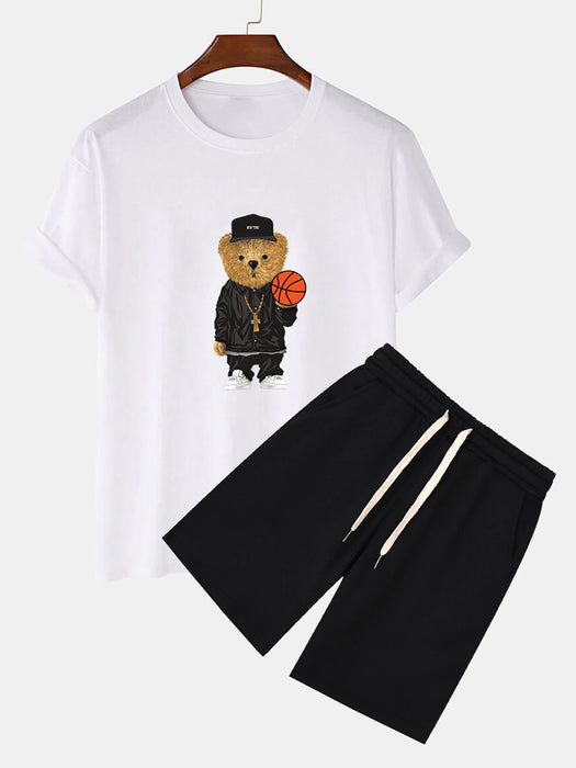 Basketball Bear Print T-Shirt And Sweat Shorts