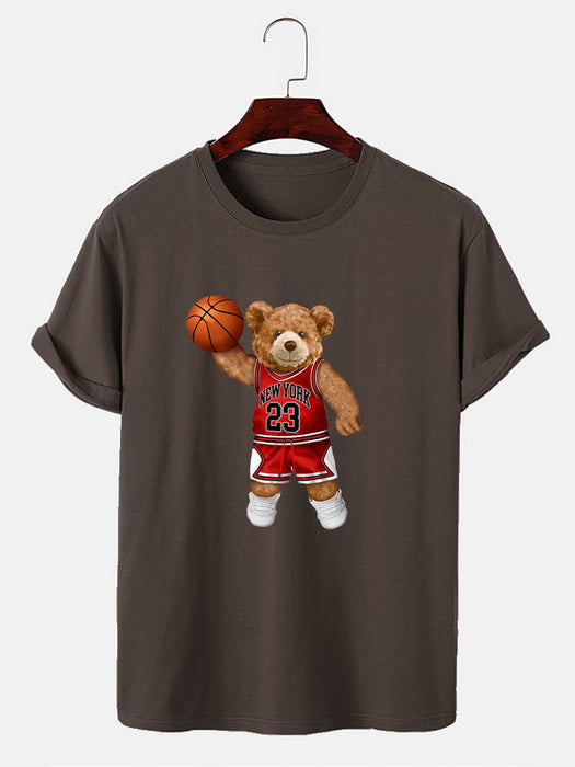 Bear Playing Basketball Print T-Shirt