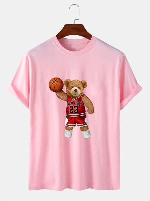 Bear Playing Basketball Print T-Shirt