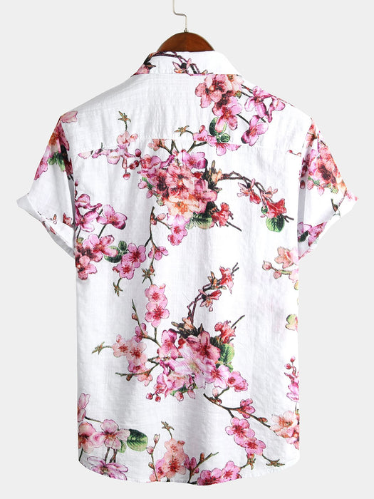 Men Flower Print Hawaiian Short Sleeve Shirt