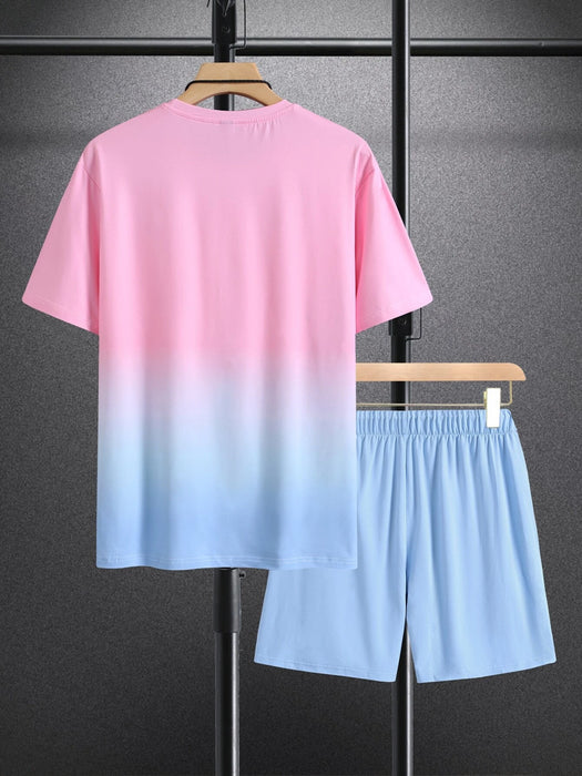 Palm Tree Pattern Gradient Tee And Shorts Ensemble