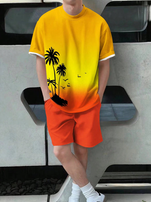 Palm Tree Pattern Gradient Tee And Shorts Ensemble