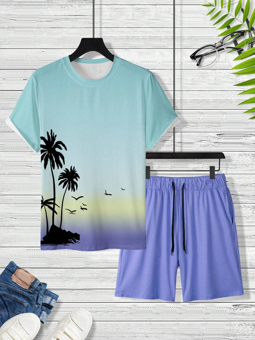 Palm Tree Pattern Gradient Tee And Shorts Ensemble