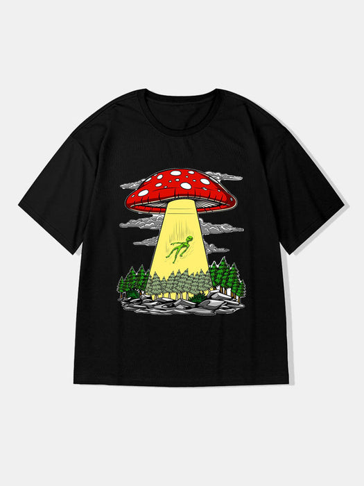 Alien And Mushroom Graphic T-Shirts