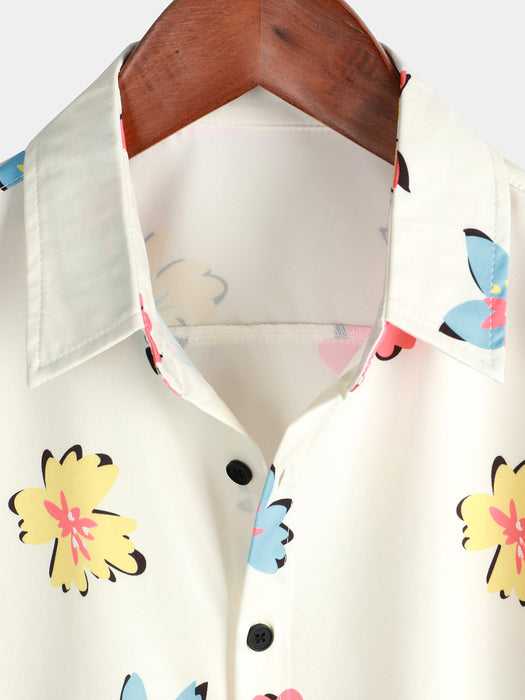 Men Summer Floral Print Button Up Short Sleeve Shirt