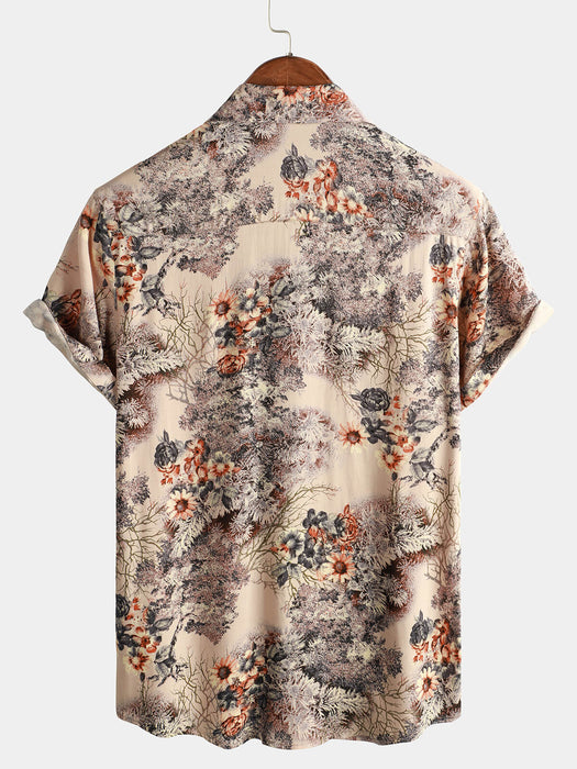 Men Floral Print Retro Casual Button Up Shirt