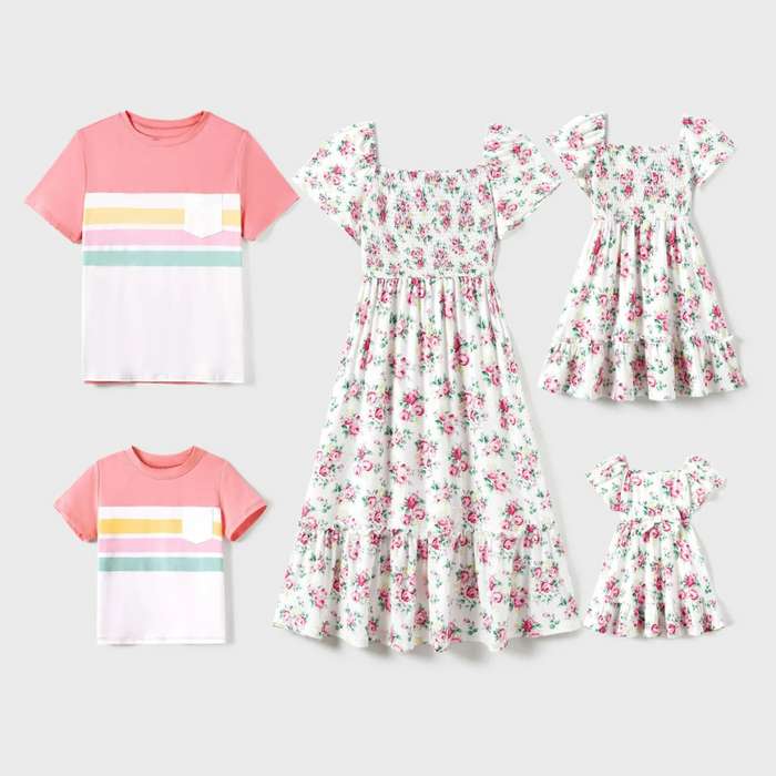 Family Matching Floral and Pastel Stripe Outfits