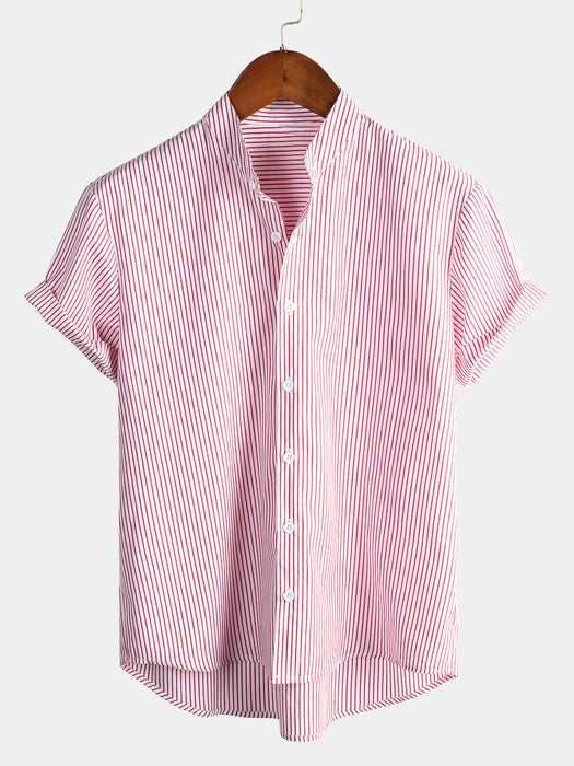 Men Stand Collar Striped Short Sleeve Shirt