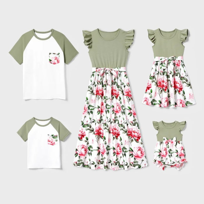 Family Matching Raglan Sleeve T Shirt And Floral Printed Dress Sets