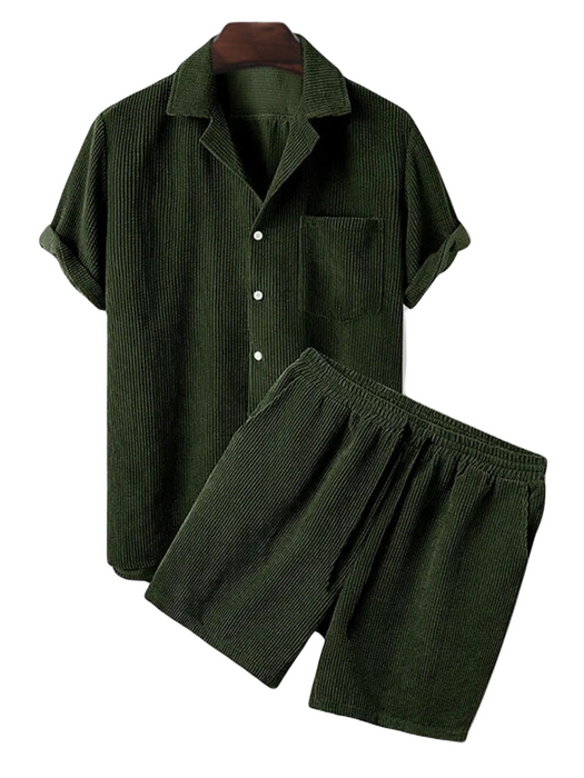 Corduroy Casual Lapel Shirt Shorts Set