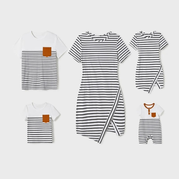 Family Matching Stripe Asymmetrical Dresses and Panel T shirts Sets