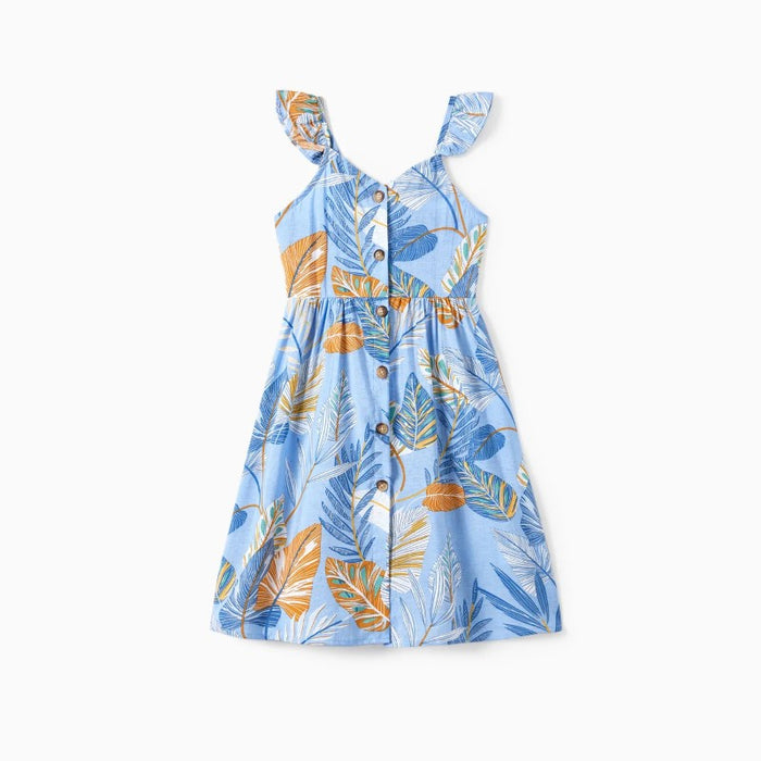 Family Matching Tropical Floral Beach Shirt And Leaf Pattern Dress Sets