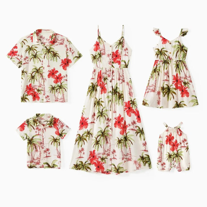 Family Matching Tropical Floral Shirt And Midi Dress Sets