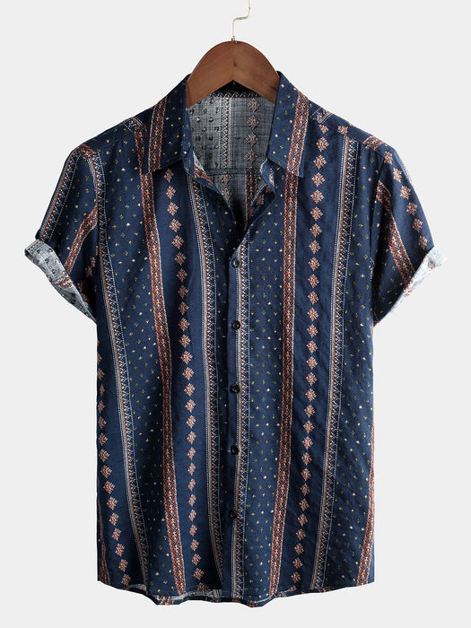 Men Retro Button Up Short Sleeve Shirt