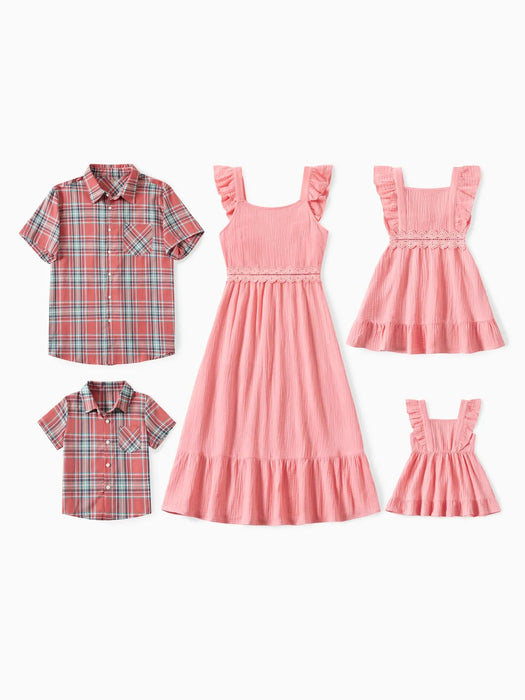 Family Matching Plaid Shirt And Flutter Strap Dress Sets