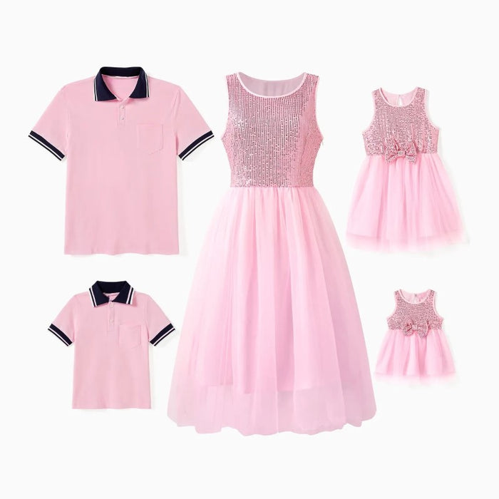 Family Matching Polo Shirt And Sleeveless Sequined Tulle Dress Sets