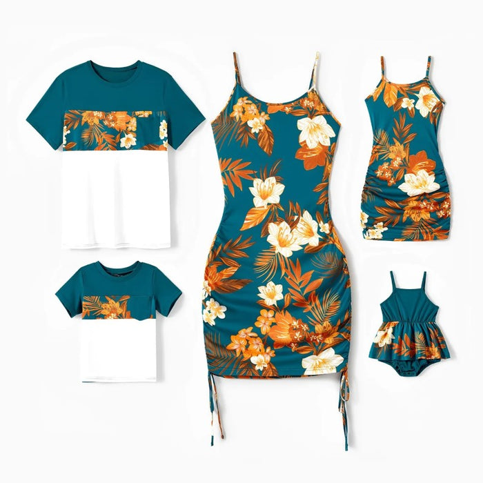 Family Matching Floral Dresses And Spliced T Shirt Sets