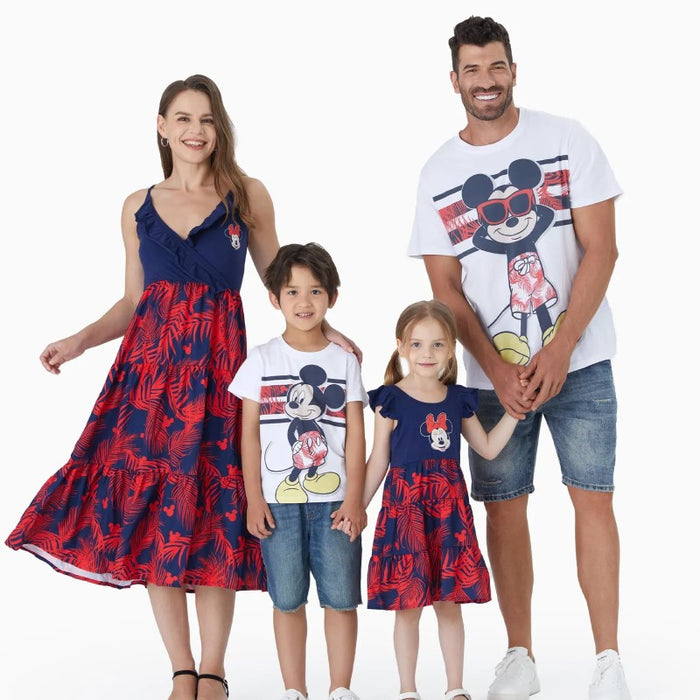 Mickey Family Matching Plant Print Dresses And Striped T Shirts Sets