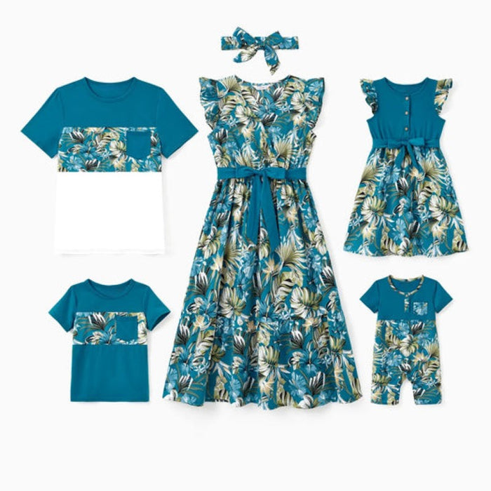 Family Matching Floral Ruffle Dresses And Splicing T Shirt Sets