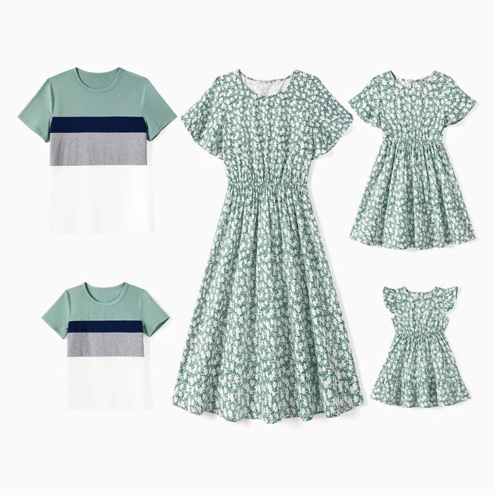 Floral Dresses And Colored Tees Family Matching Sets