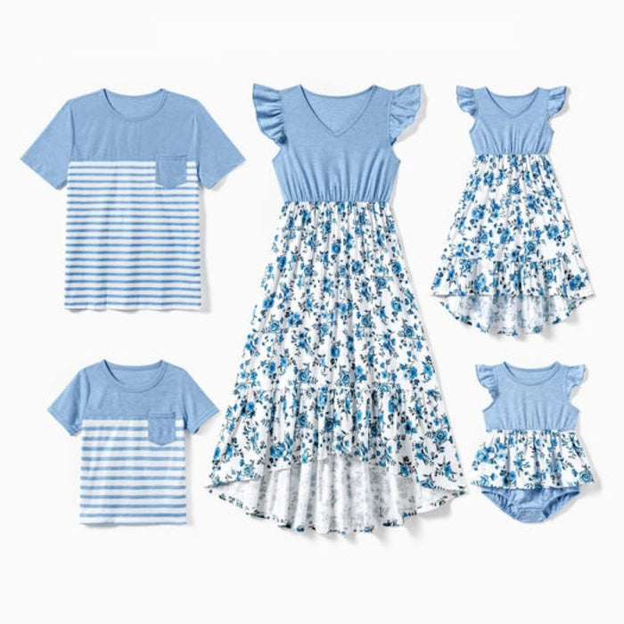 Family Matching Floral Dresses And Striped T Shirt Sets