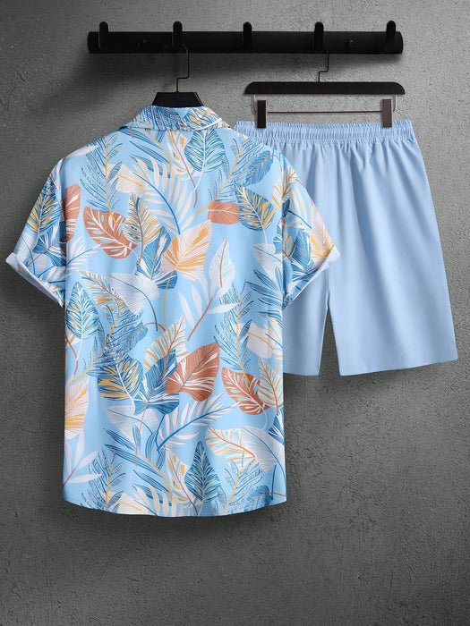 Leaf Print Short Sleeve Shirt And Shorts Set