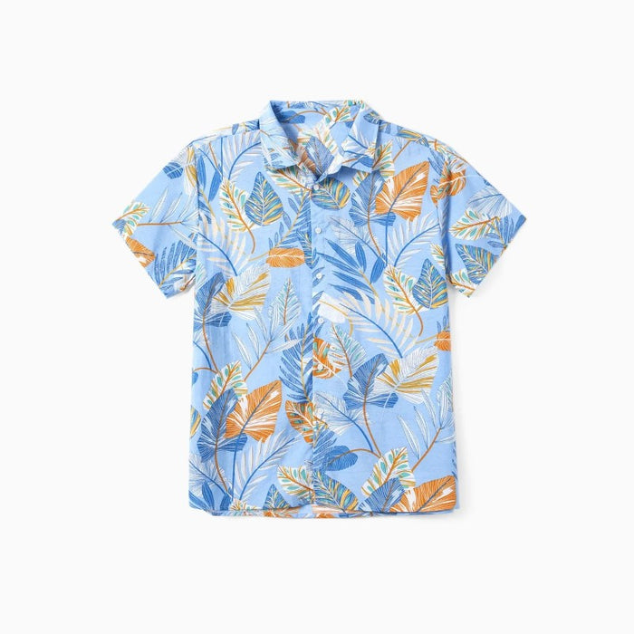 Family Matching Tropical Floral Beach Shirt And Leaf Pattern Dress Sets