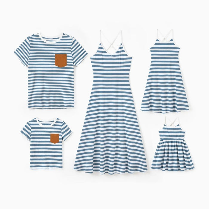 Family Matching Striped Tee And Strap Midi Dress Sets