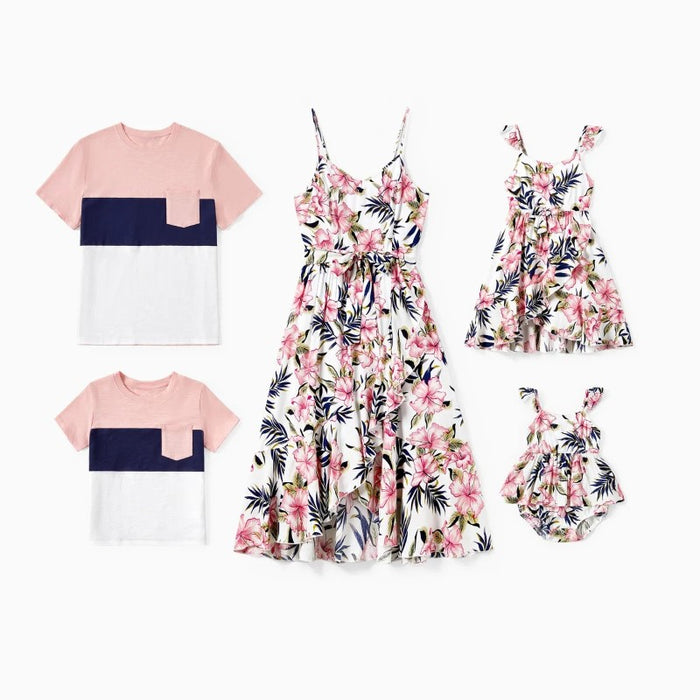 Family Matching Floral Wrap Bottom Strap Dress And T Shirt Sets