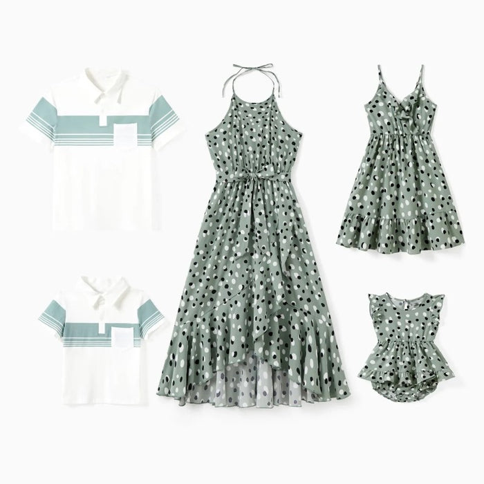 Family Matching Polo Shirts And Dot Halter Ruffle Dresses Set