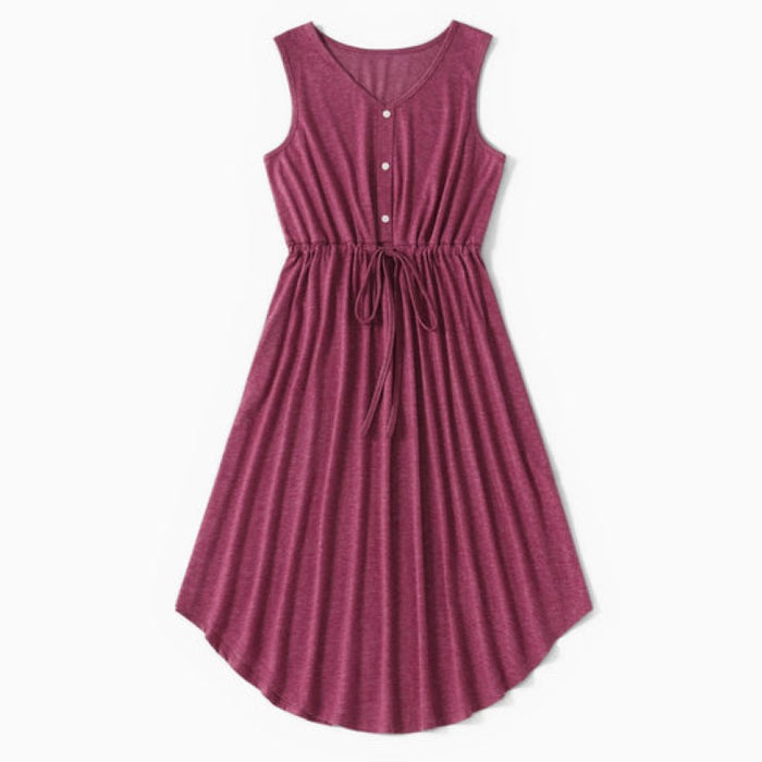 Family Matching Button Up Drawstring Dresses And Striped T Shirts Sets