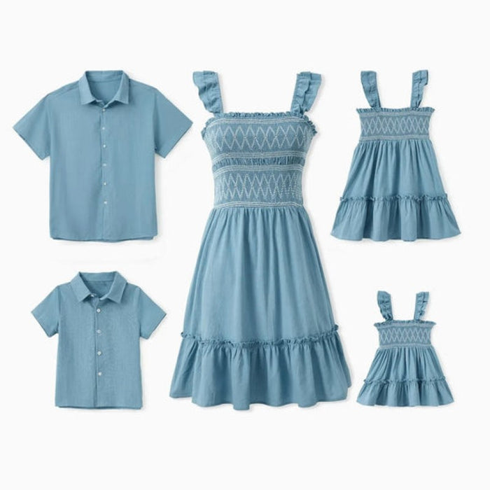 Family Matching Geometric Design Dress And Solid Color Shirt Set