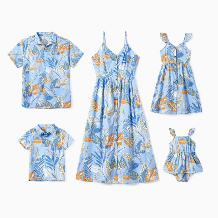 Family Matching Tropical Floral Beach Shirt And Leaf Pattern Dress Sets