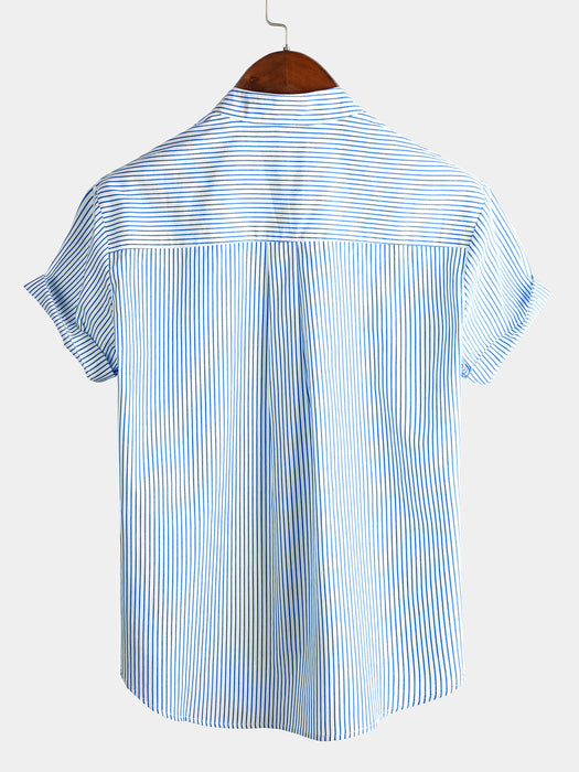 Men Stand Collar Striped Short Sleeve Shirt