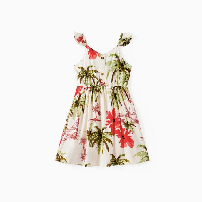 Family Matching Tropical Floral Shirt And Midi Dress Sets