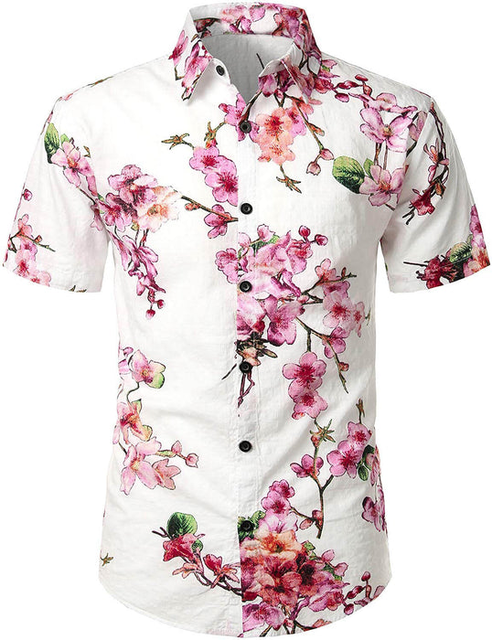 Men Flower Print Hawaiian Short Sleeve Shirt