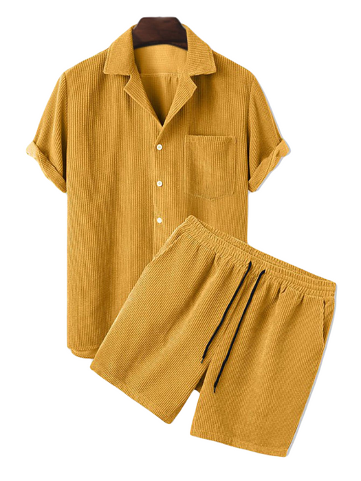 Corduroy Casual Lapel Shirt Shorts Set