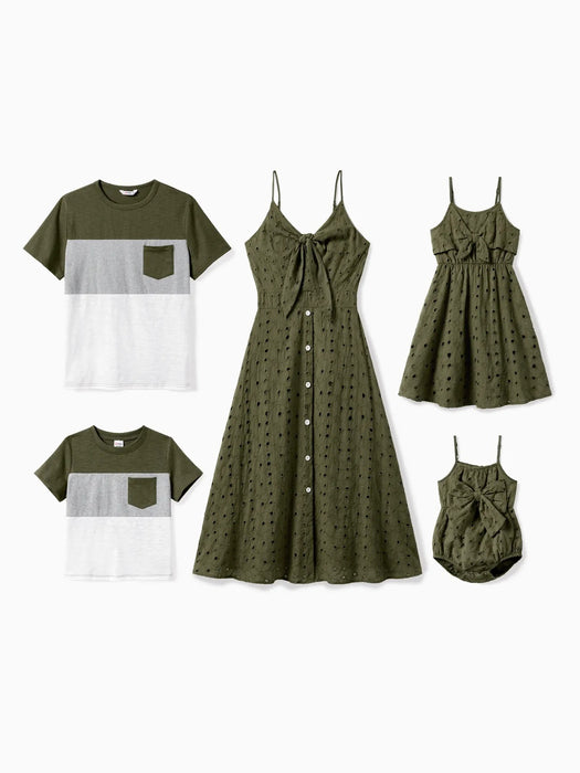 Family Matching patterned T Shirts And Tie Strap Dresses