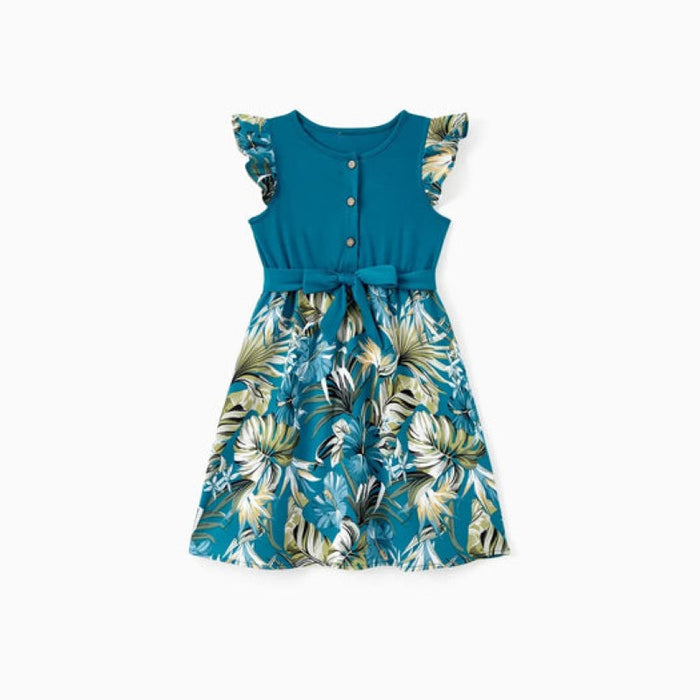 Family Matching Floral Ruffle Dresses And Splicing T Shirt Sets