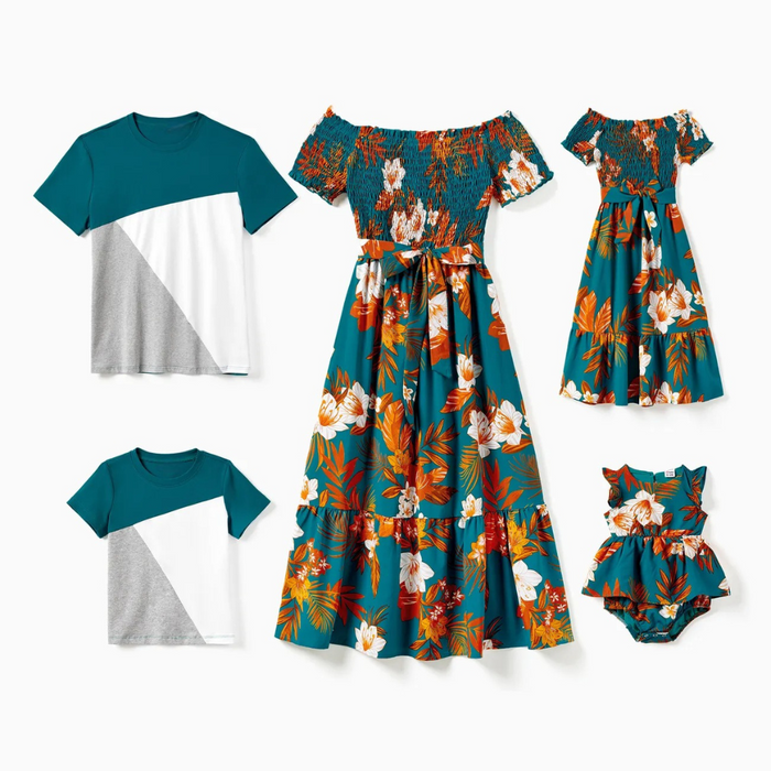 Floral Print And Geometric Design Family Outfits Set