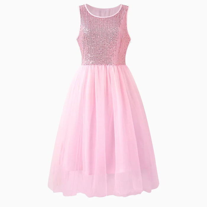 Family Matching Polo Shirt And Sleeveless Sequined Tulle Dress Sets