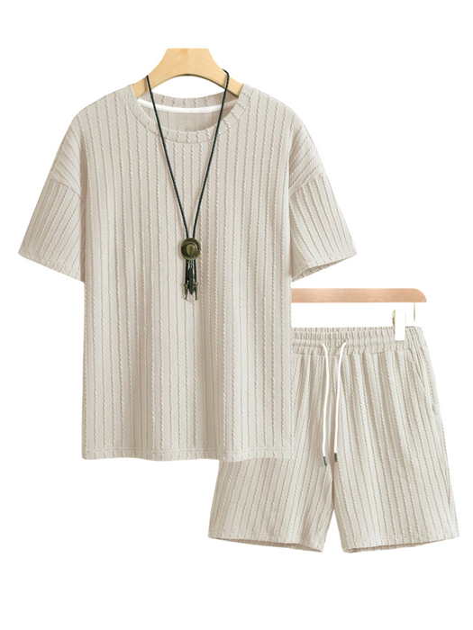 Solid Colored Stripe Tee And Shorts Set