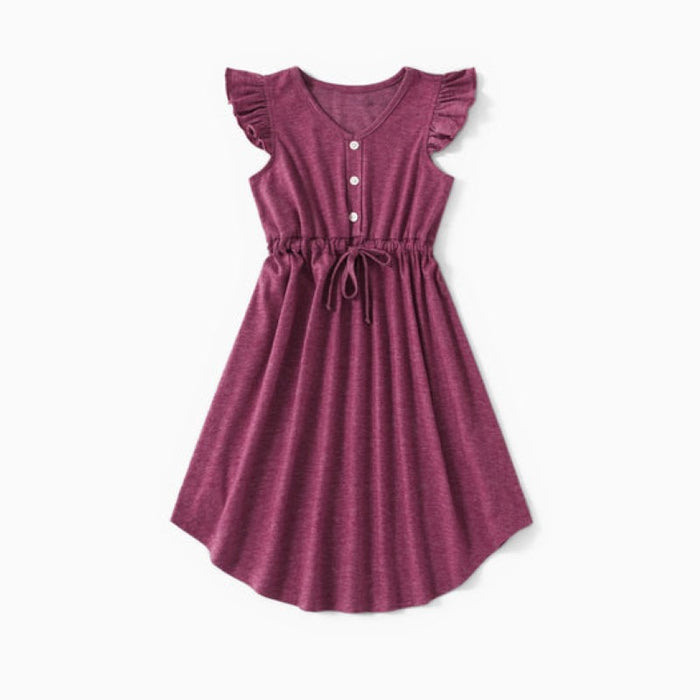 Family Matching Button Up Drawstring Dresses And Striped T Shirts Sets